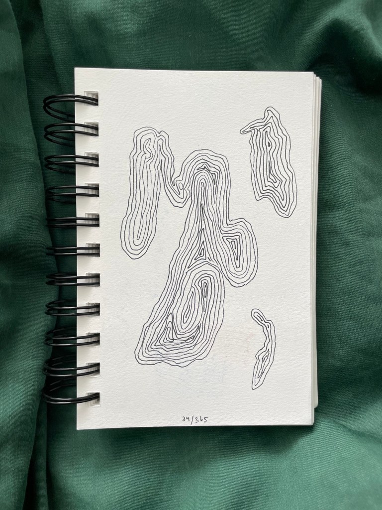 Wire bound sketchbook with line drawing on the open page, laying on top of green fabric